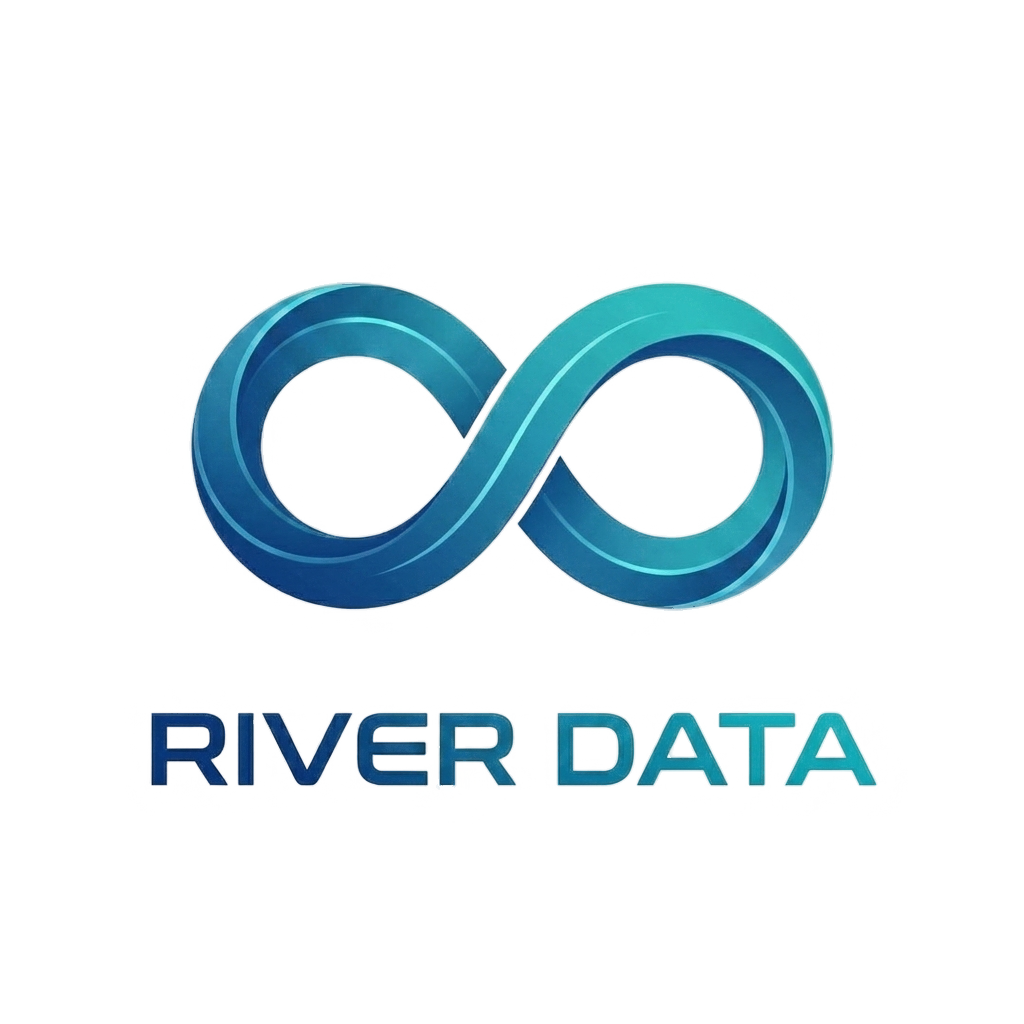 The RIVER DATA mark, a teal infinity loop, above the company wordmark