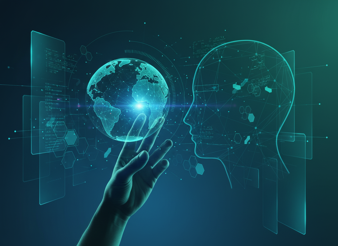 A hand connecting a networked globe to a networked mind, representing distributed engineering capacity